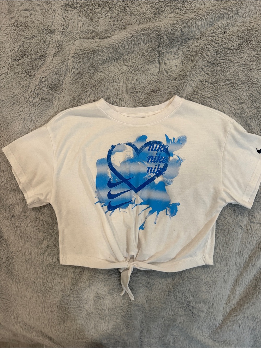 Nike White Crop Tee with Blue Heart Splash Graphic and Front Tie